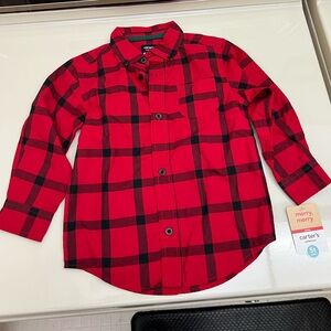 Carter’s Button Front merry merry Shirt 100% Cotton Red/Black Plaid 5T NWT